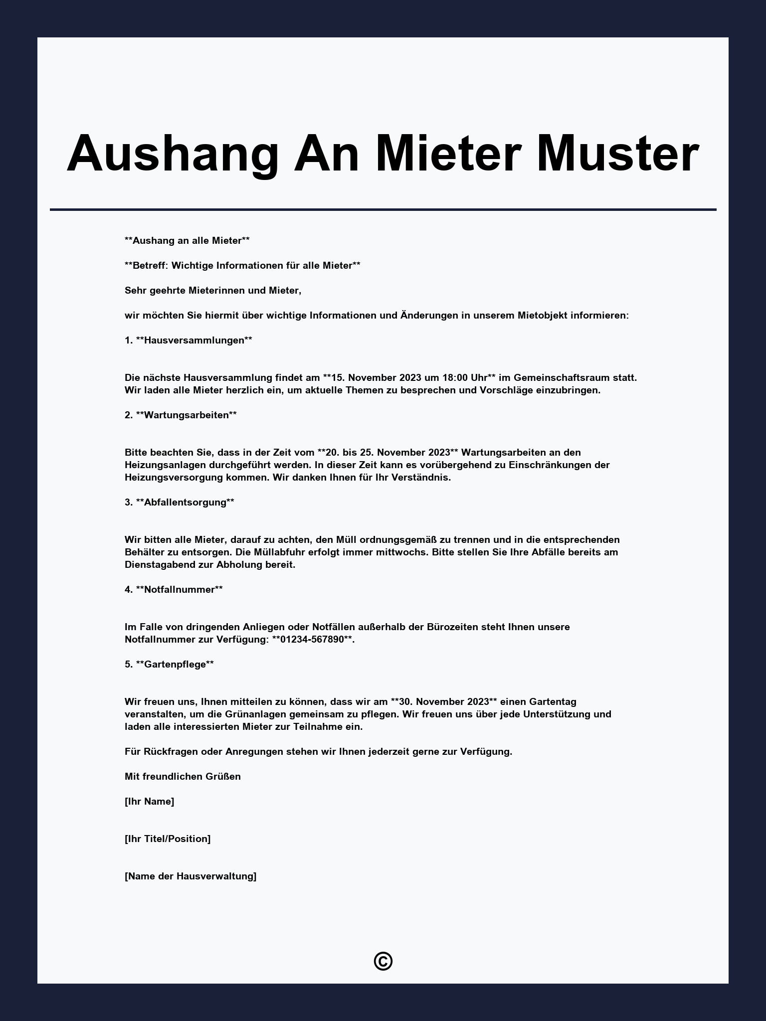 Aushang An Mieter Muster